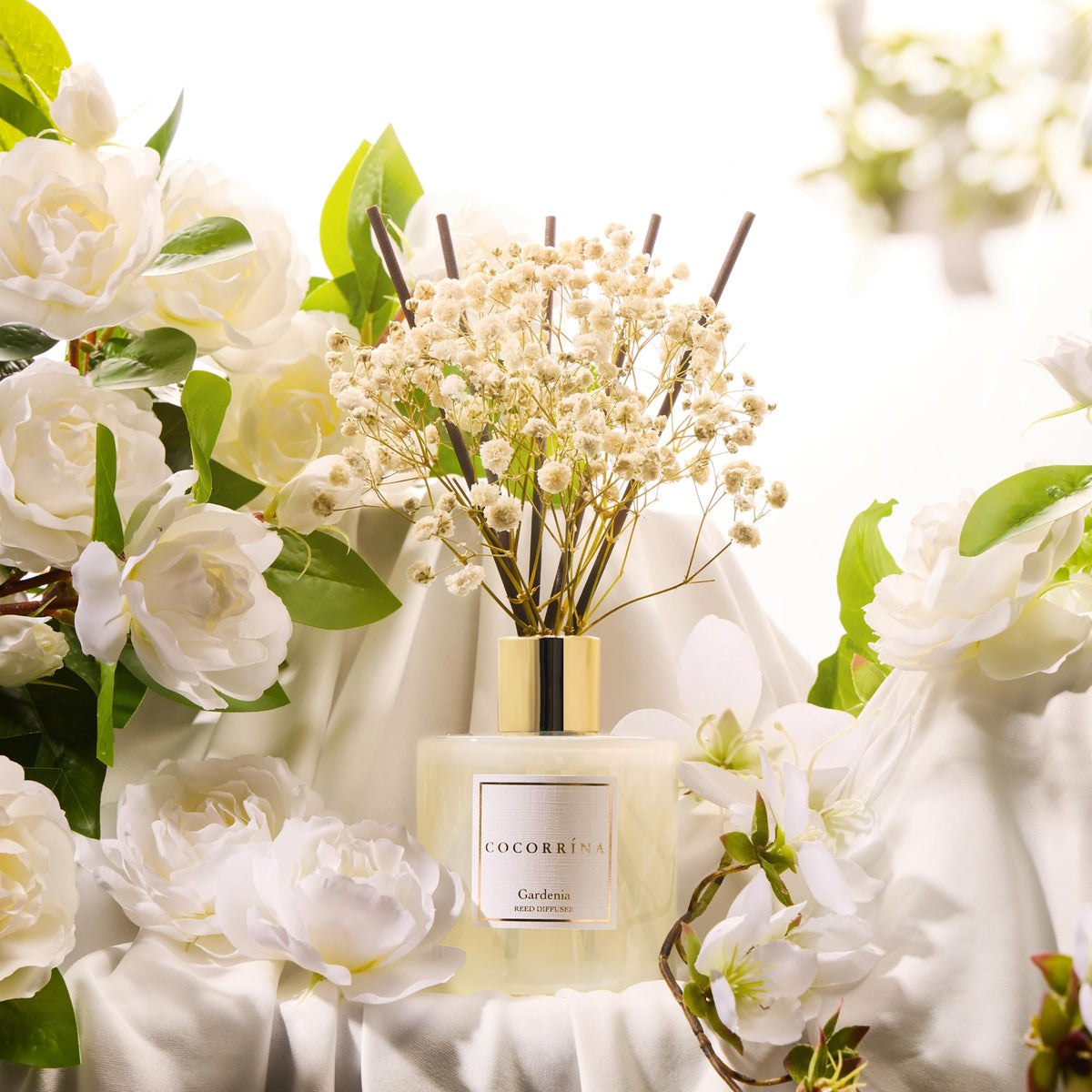 COCORRINA Gardenia diffuser setup on a shelf enhances ambience with fragrance