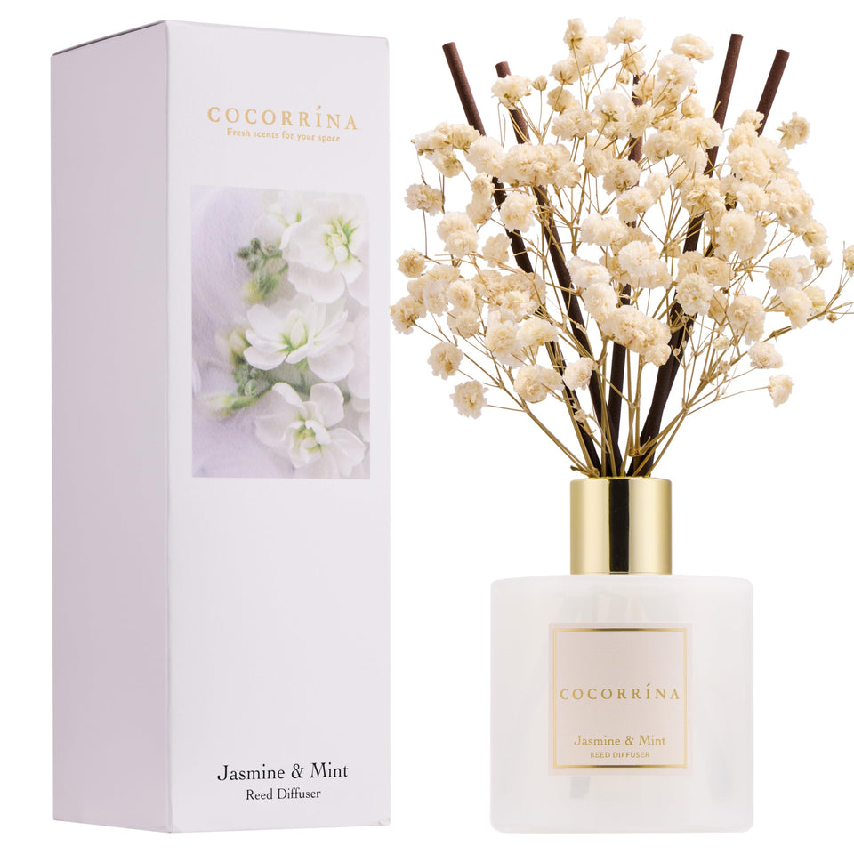 COCORRÍNA Jasmine & Mint diffuser bottle delivering a fresh living-room aroma.