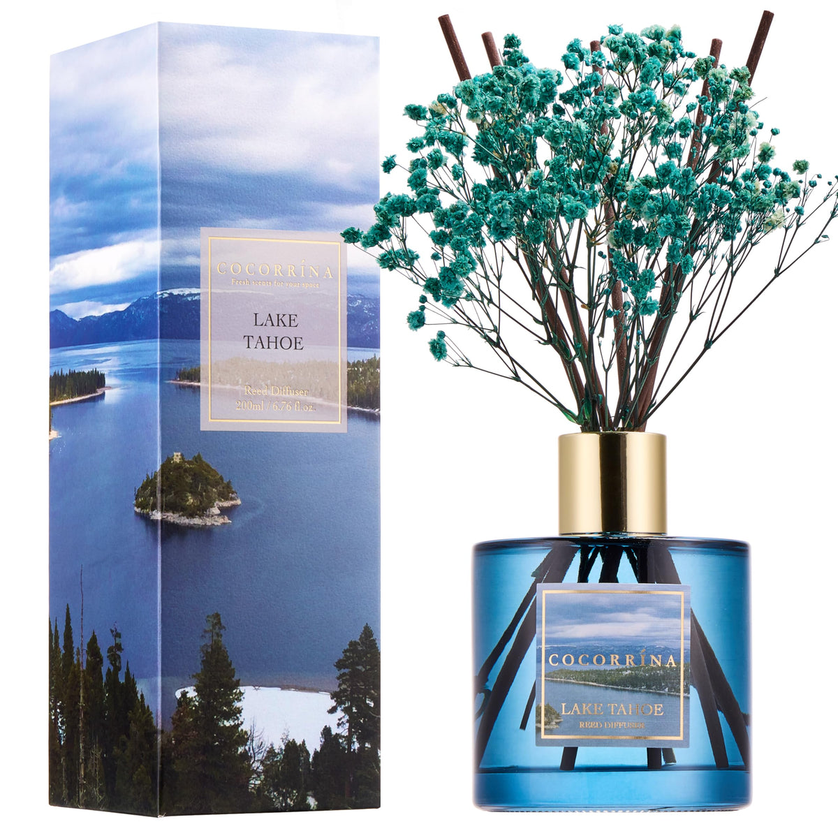 COCORRINA Lake Tahoe reed diffuser bottle adds subtle fragrance to entryways