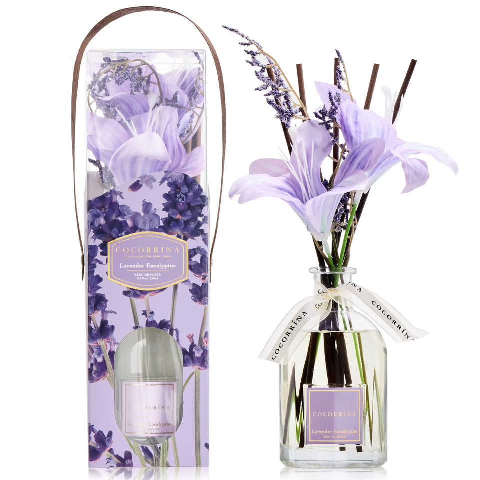 COCORRÍNA Lavender Eucalyptus diffuser bottle shown in a calm, serene space for a soothing atmosphere