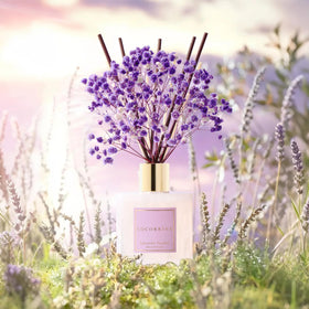 cocorrina lavender garden diffuser bottle packaging displayed on a nightstand.
