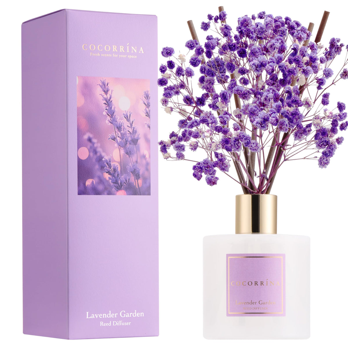 cocorrina lavender garden diffuser bottle on shelf for a calming home scent.