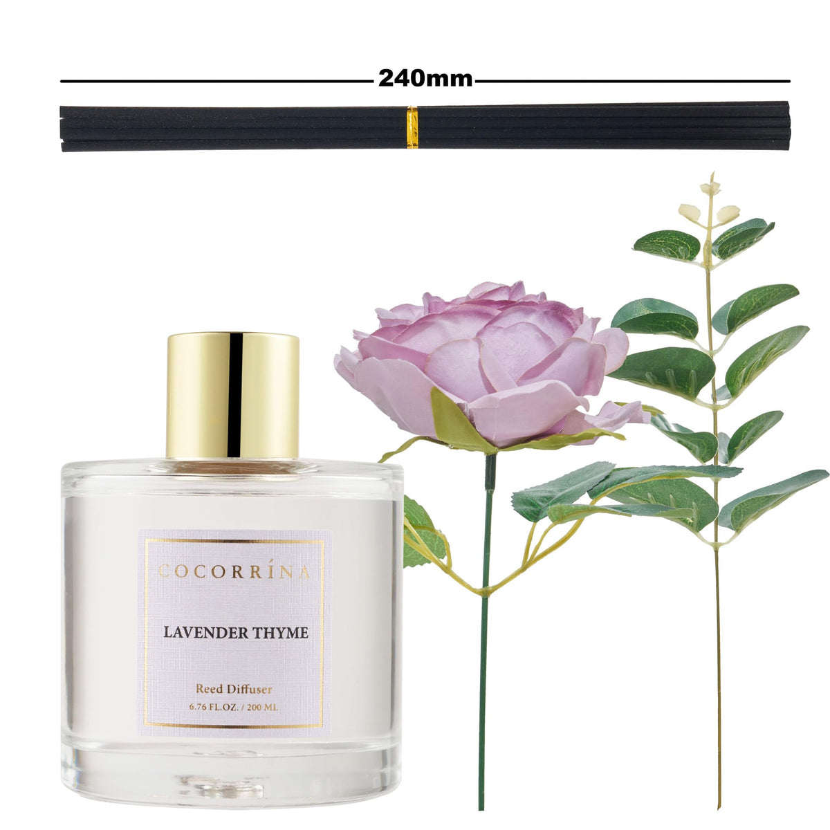 COCORRÍNA Lavender Thyme floral display inside bottle enhances decor while diffusing