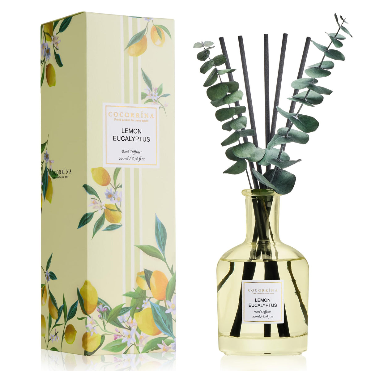 COCORRÍNA Lemon Eucalyptus diffuser bottle with reeds for bright, citrusy ambiance in any room.