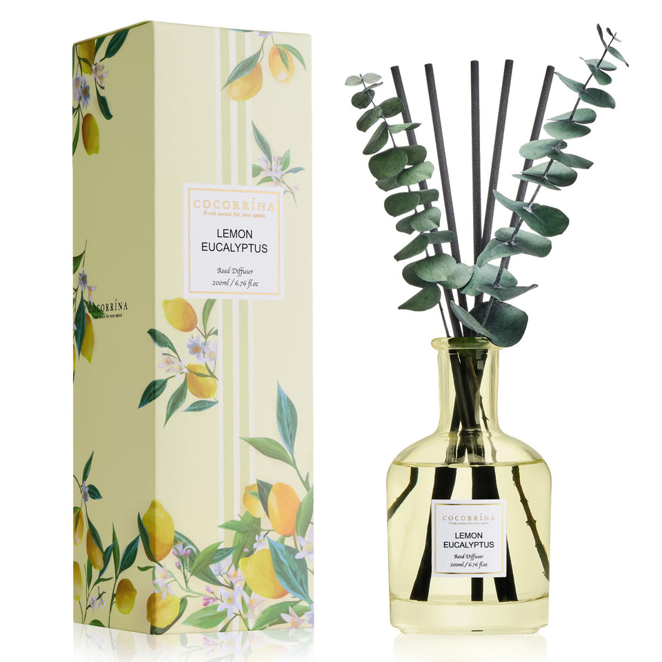 COCORRÍNA Lemon Eucalyptus diffuser bottle with reeds for bright, citrusy ambiance in any room.