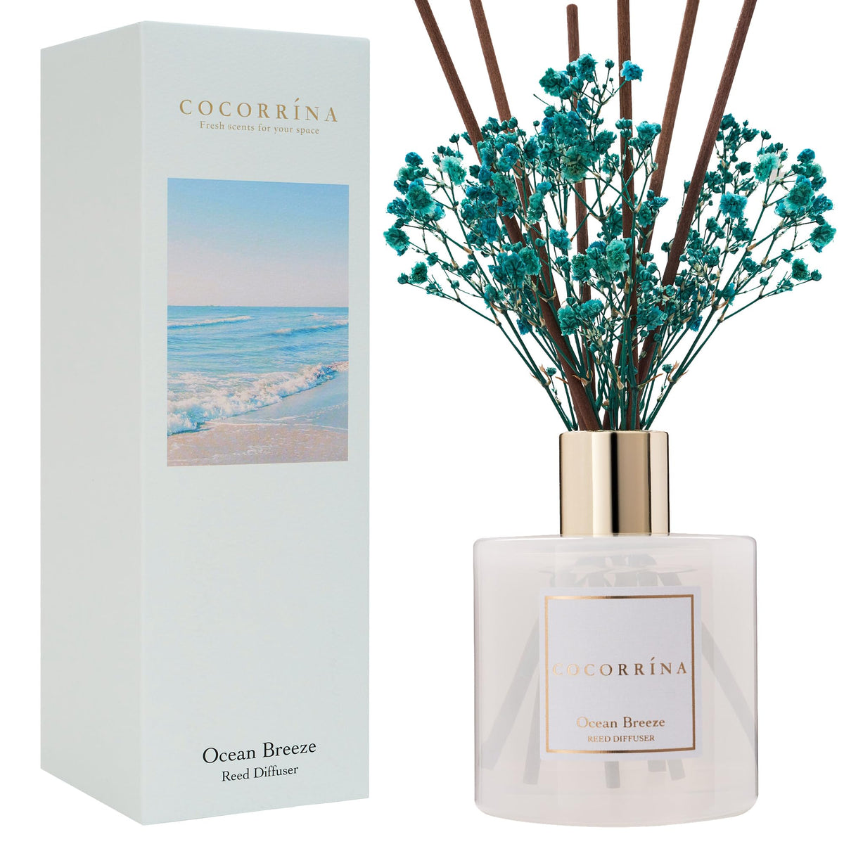 COCORRINA Ocean Breeze bottle diffuser delivers a fresh, long-lasting scent in any space.