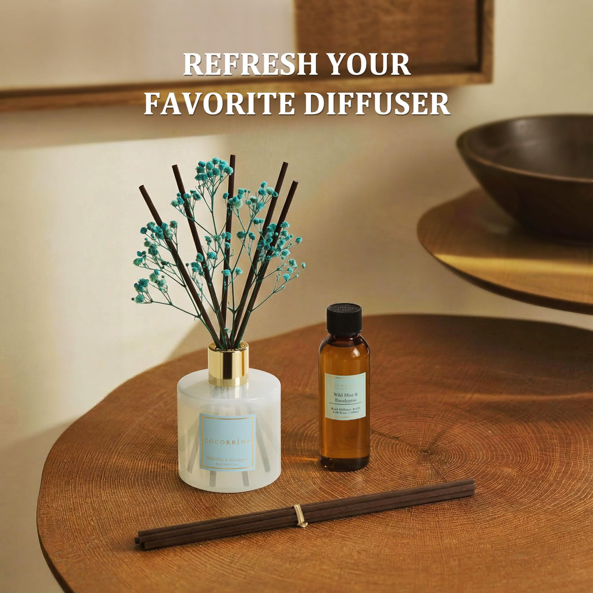 COCORRÍNA Ocean Mist diffuser bottle offers crisp coastal aroma