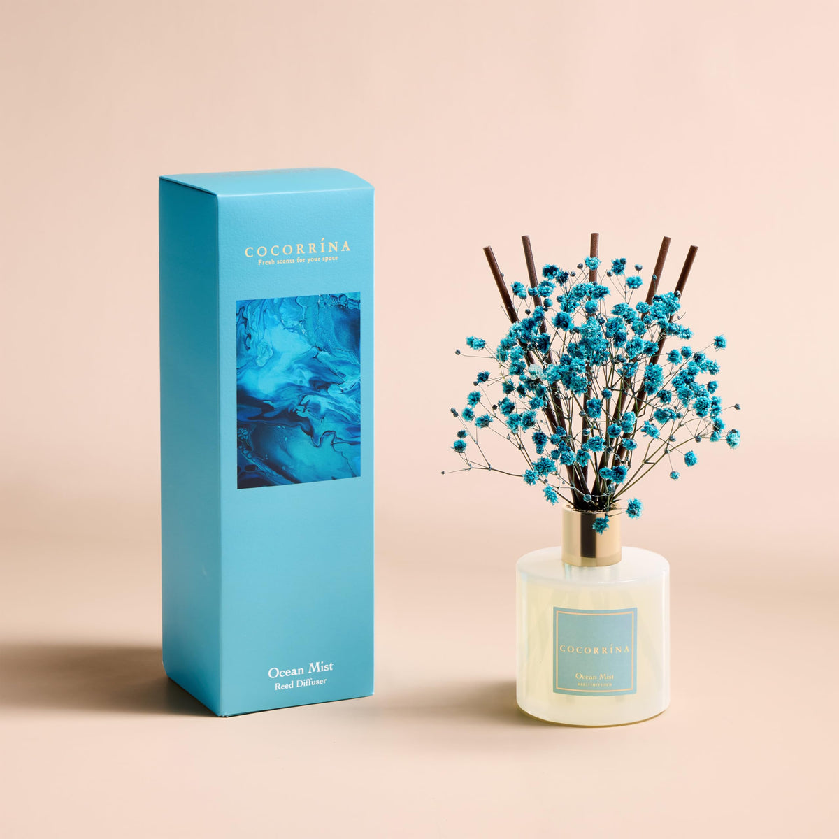 COCORRÍNA Ocean Mist with preserved babys breath adds natural elegance to shelves