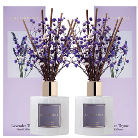 COCORRÍNA premium reed diffuser with preserved baby's breath for a calming lavender-thyme ambiance.