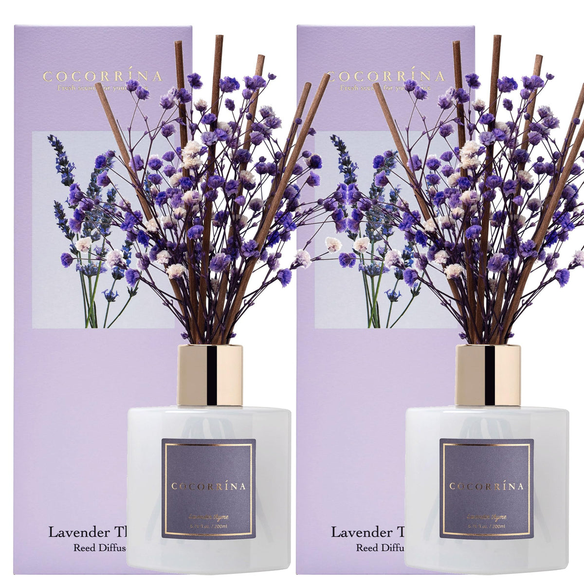 COCORRÍNA premium reed diffuser two-pack with lavender-thyme scent for home or office.