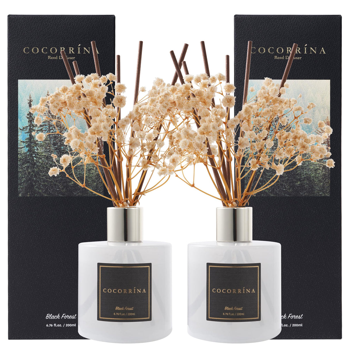 Cocorrina Premium Reed Diffuser Black Forest bottle slowly releasing fragrance for home use