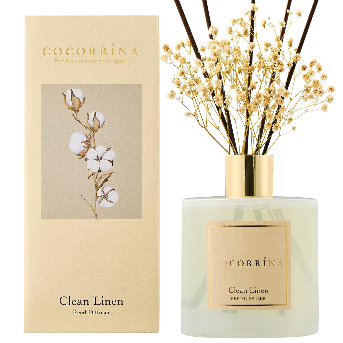 COCORRINA diffuser with eight sticks in a minimalist setup for continuous fragrance