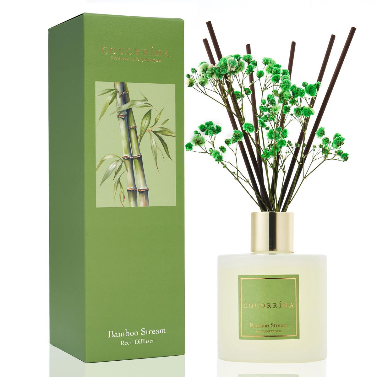 COCORRÍNA reed diffuser bottle with bamboo stream scent for calming ambiance