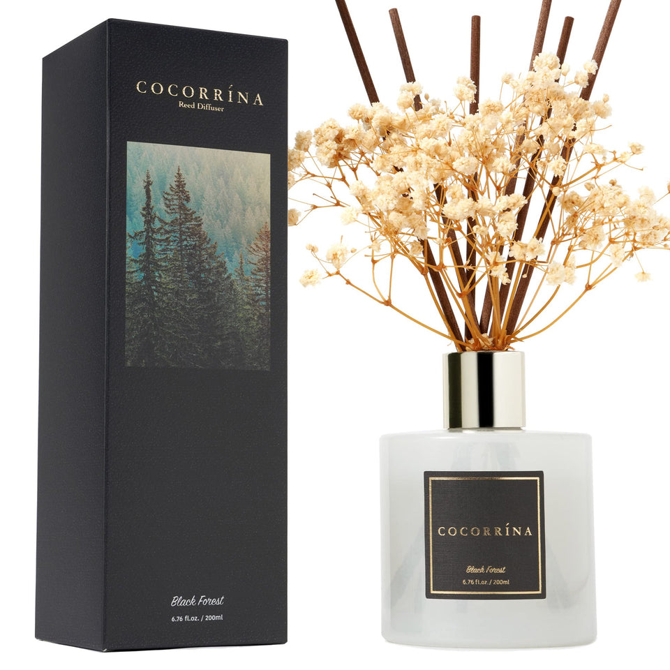 Cocorrína Black Forest diffuser bottle displays elegant glass for subtle home fragrance