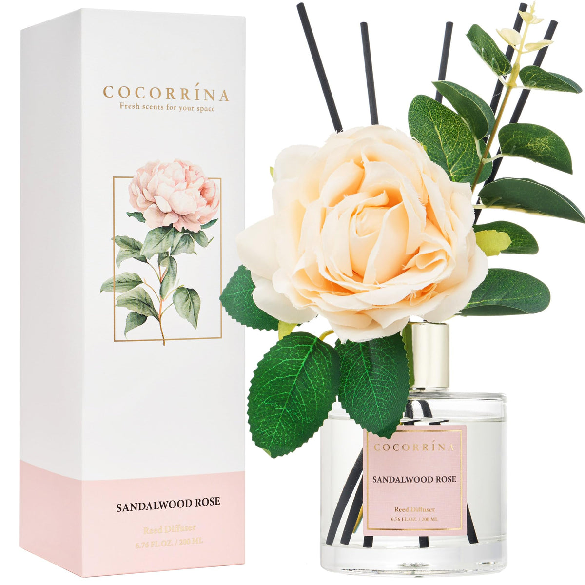 COCORRINA diffuser with botanical flowers inside bottle for elegant decor.