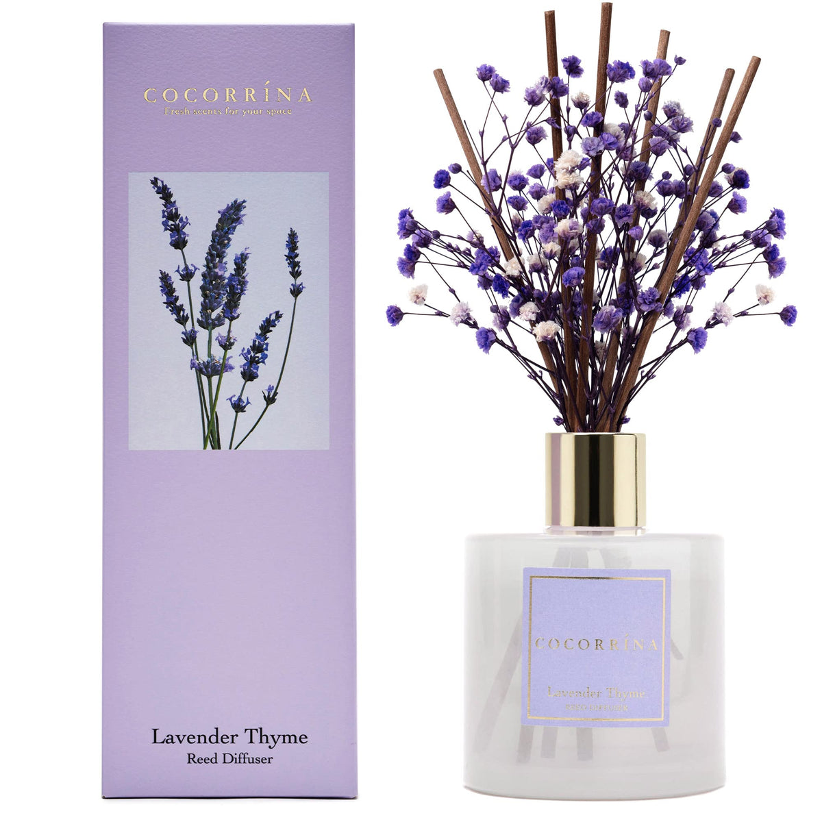 COCORRÍNA reed diffuser bottle with lavender thyme for a calming bedroom ambiance.