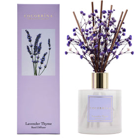COCORRÍNA reed diffuser bottle with lavender thyme for a calming bedroom ambiance.