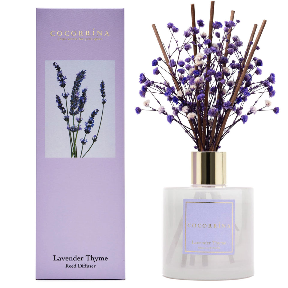 COCORRÍNA reed diffuser bottle with lavender thyme for a calming bedroom ambiance.