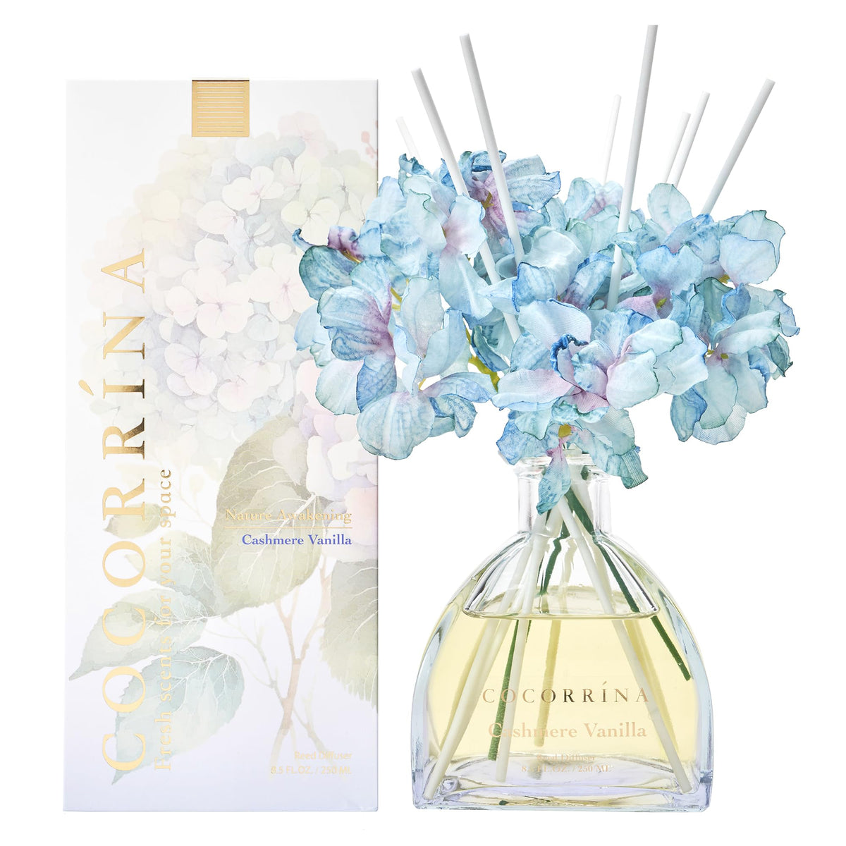 COCORRINA Cashmere Vanilla diffuser bottle releasing warm vanilla notes.