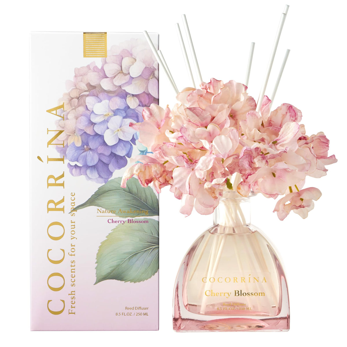 COCORRÍNA Cherry Blossom diffuser bottle delivers long-lasting ambiance for living rooms.