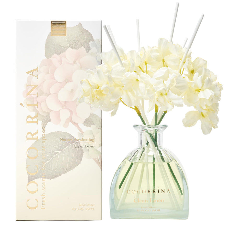 COCORRÍNA reed diffuser bottle shows clean linen scent for a fresh home