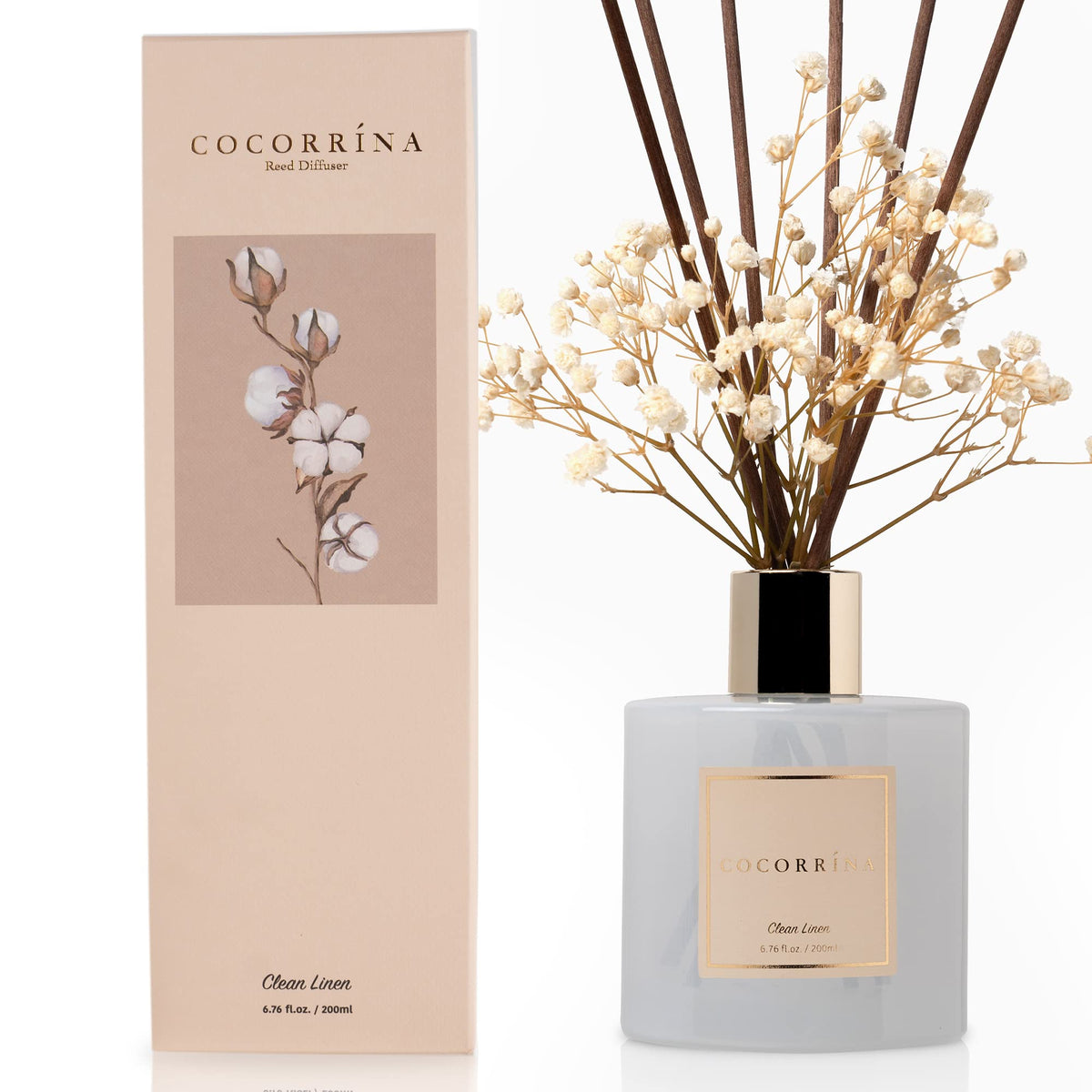 COCORRÍNA reed diffuser bottle with clean linen scent for a fresh home atmosphere.