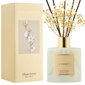 COCORRINA Clean Linen reed diffuser bottle releases fresh, airy aroma for home