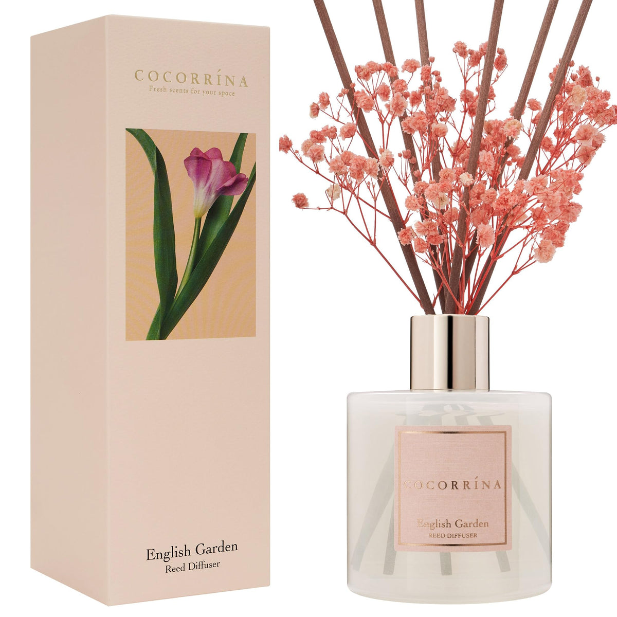 COCORRÍNA English Garden bottle with sticks delivering long-lasting fragrance for a cozy living space