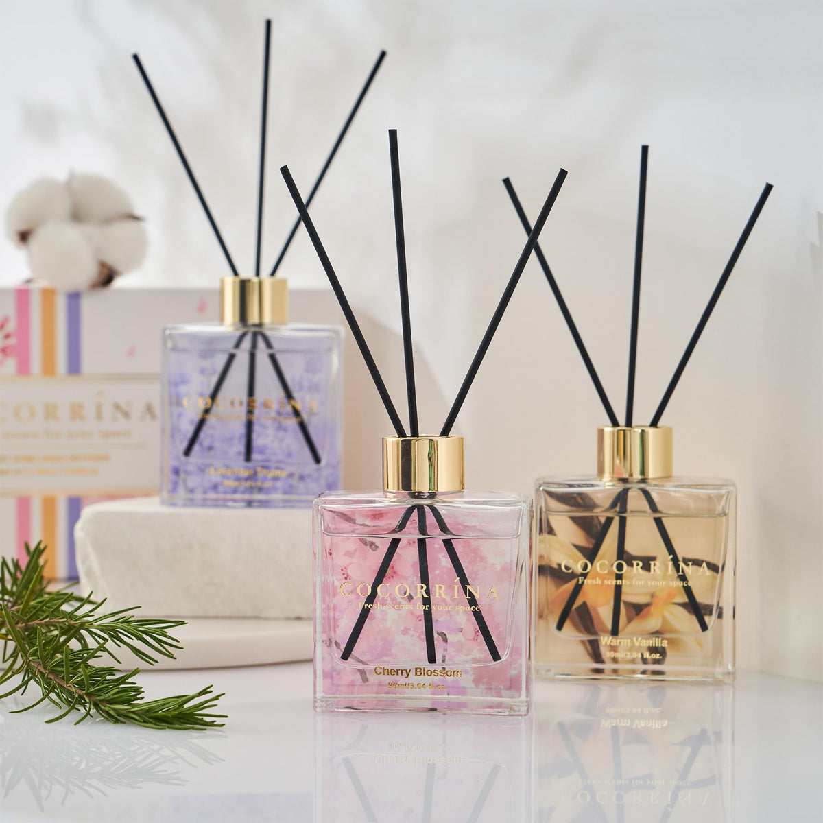 COCORRÍNA lavender thyme diffuser bottle promoting calm, fresh ambiance