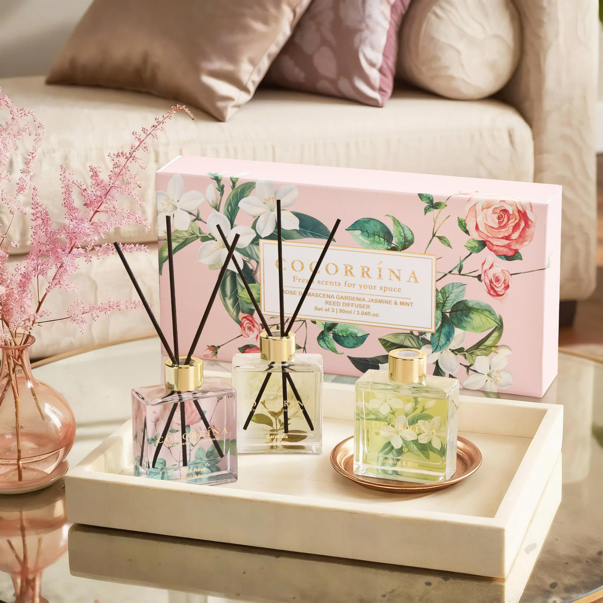 COCORRÍNA diffuser on bathroom shelf adds chic decor and scent