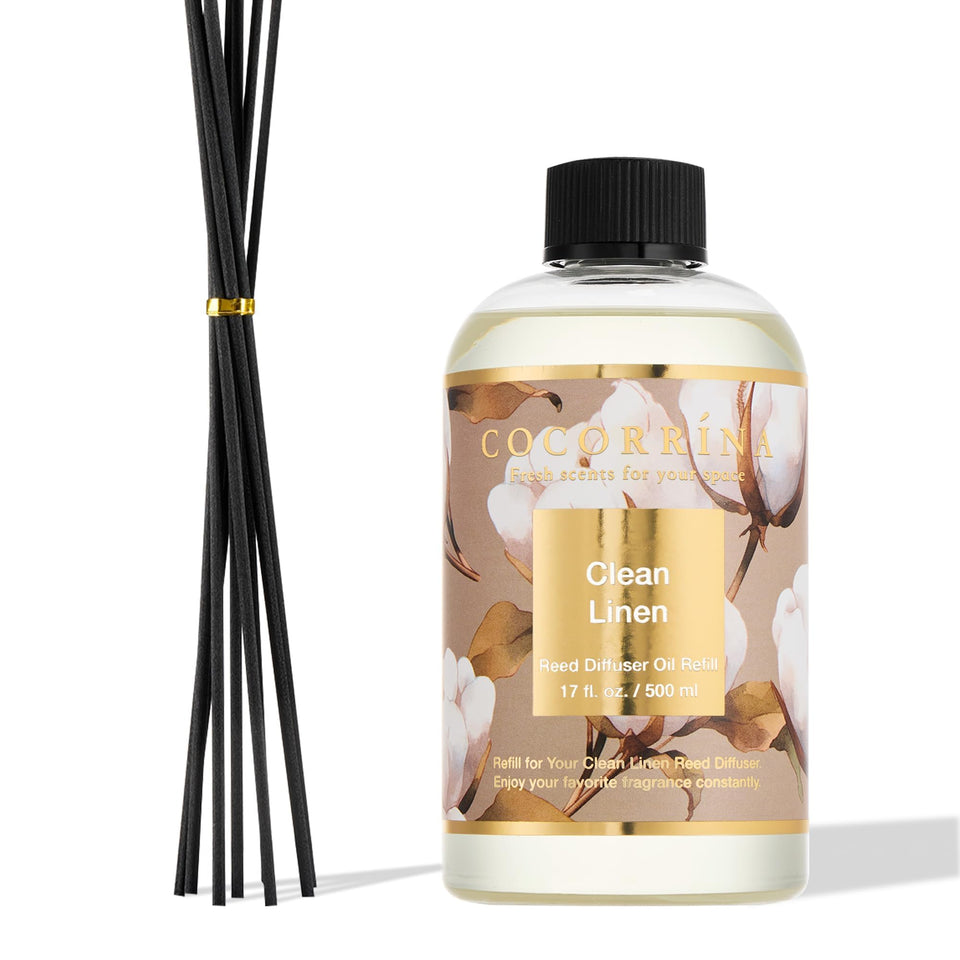 Cocorrína clean linen refill bottle showcases 17oz capacity for extended fragrance.