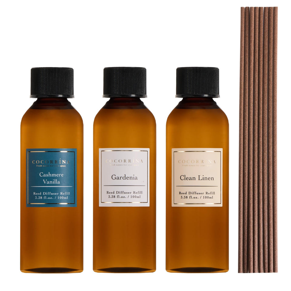 COCORRÍNA reed diffuser refill set with three flavors for long-lasting home fragrance