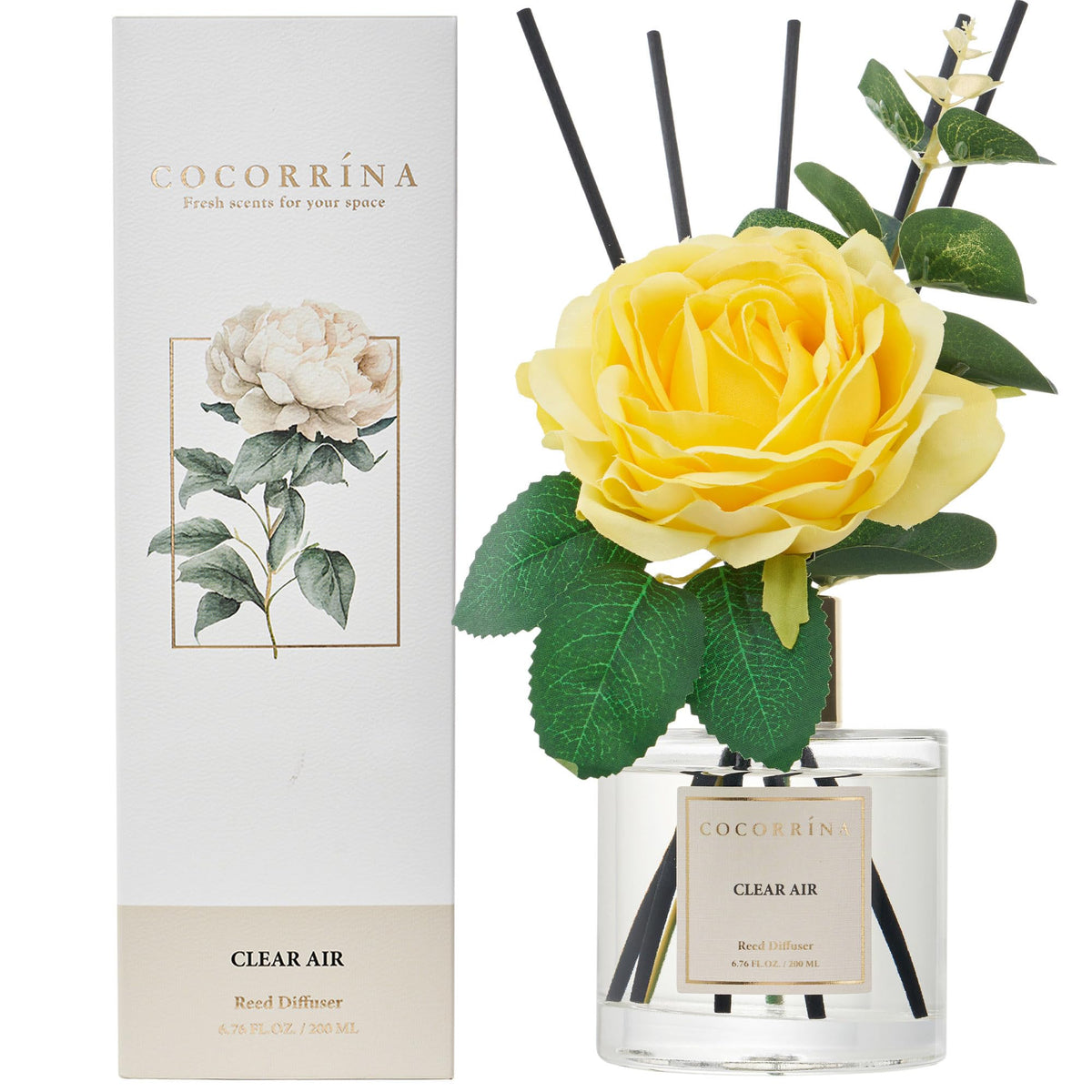 COCORRÍNA reed diffuser set bottle with hand-placed botanicals for a lasting floral aroma
