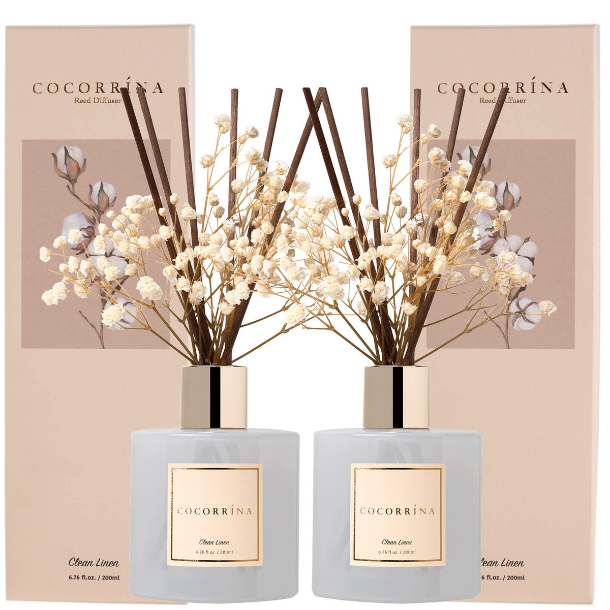 Cocorrina reed diffuser set with bottle and sticks for a clean linen scent.