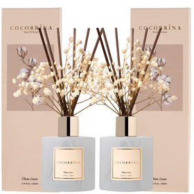 Cocorrina reed diffuser set with bottle and sticks for a clean linen scent.