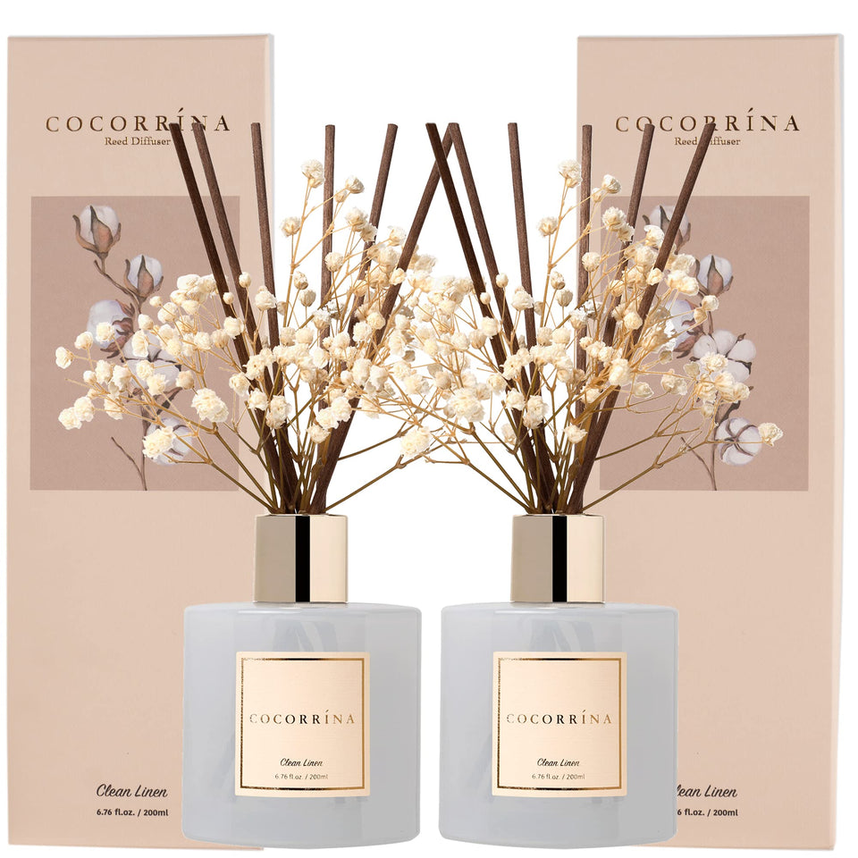 Cocorrina reed diffuser set with bottle and sticks for a clean linen scent.