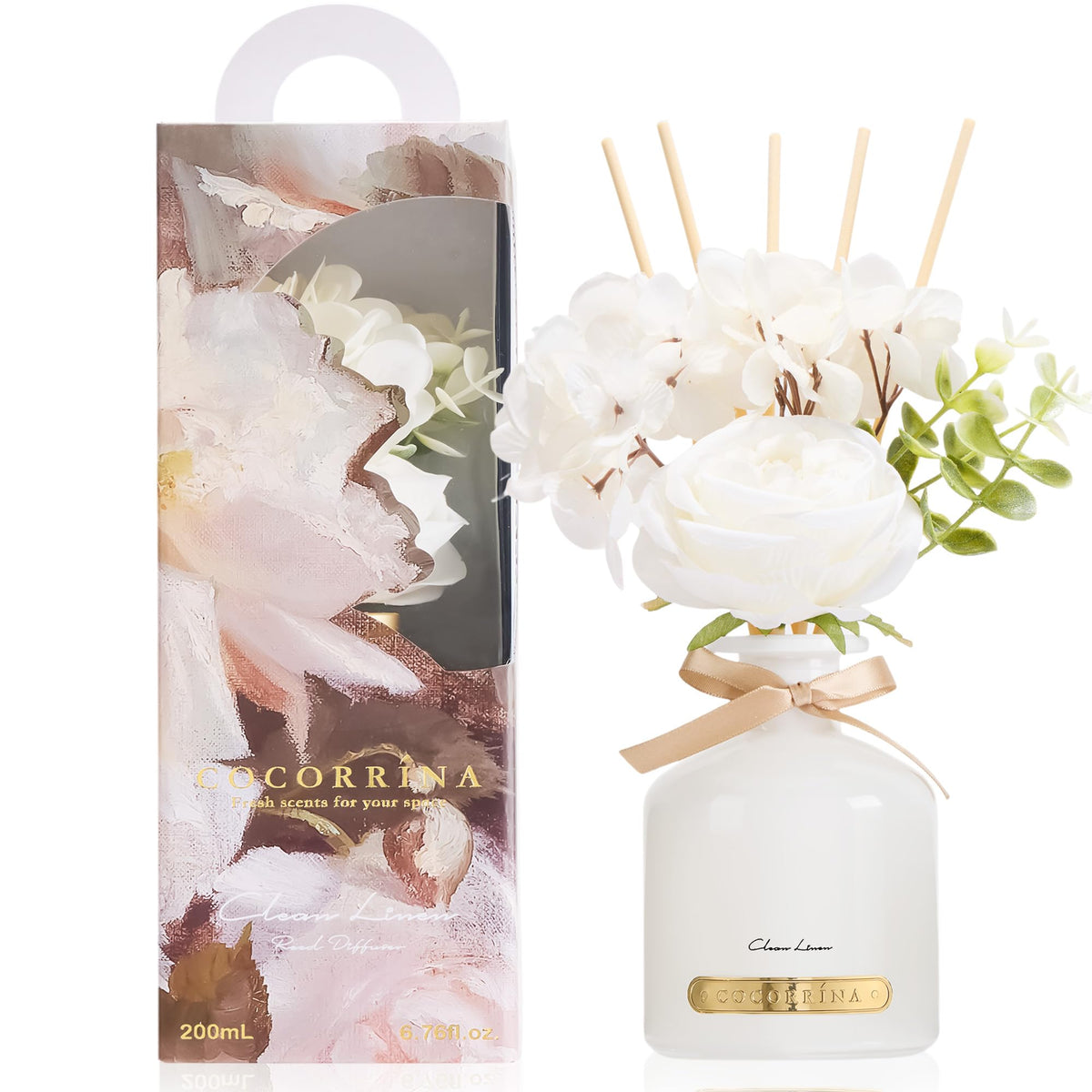COCORRÍNA reed diffuser set with floral accents adds clean linen scent to any room.