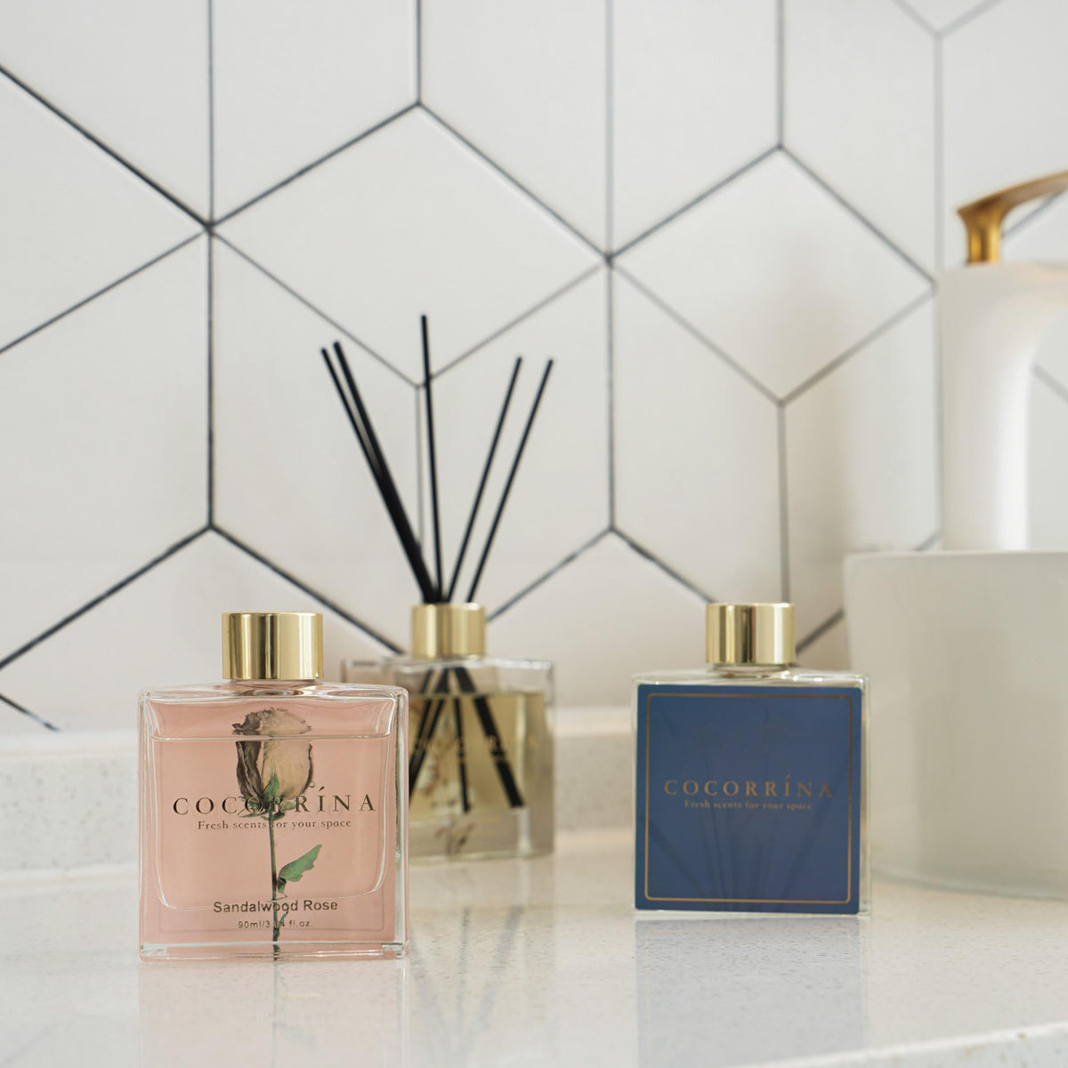COCORRÍNA sandalwood rose diffuser bottle delivering a calming, spa-like ambience.