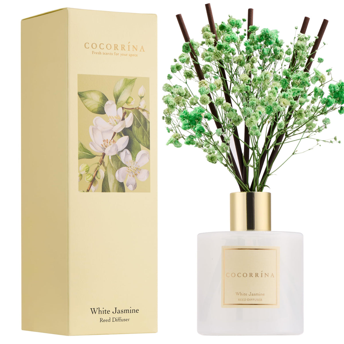 COCORRINA reed diffuser bottle with white jasmine scent releasing a soft, lasting aroma.