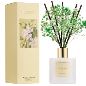 COCORRINA reed diffuser bottle with white jasmine scent releasing a soft, lasting aroma.
