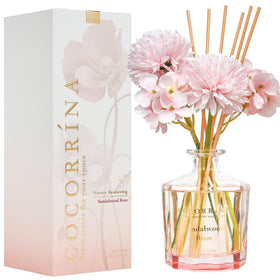 COCORRÍNA Sandalwood Rose diffuser bottle adds calm ambience and decor.