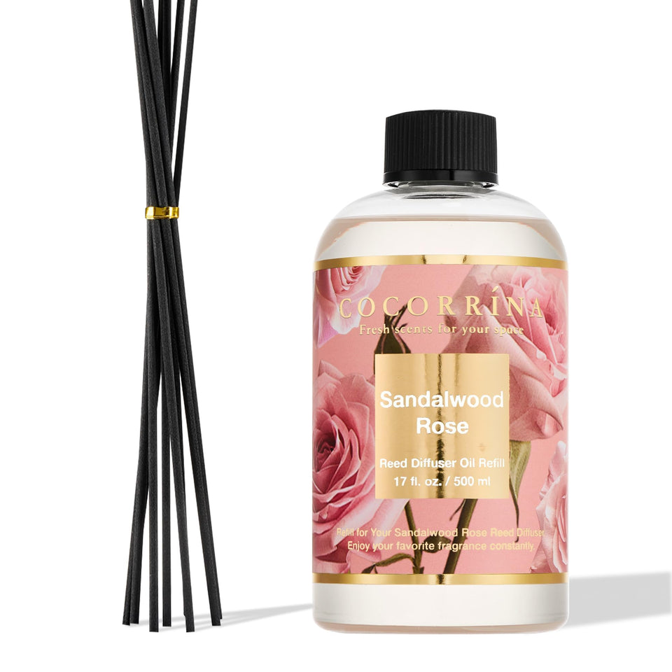 Cocorrina sandalwood-rose refill bottle offers all-day fragrance for bedrooms.