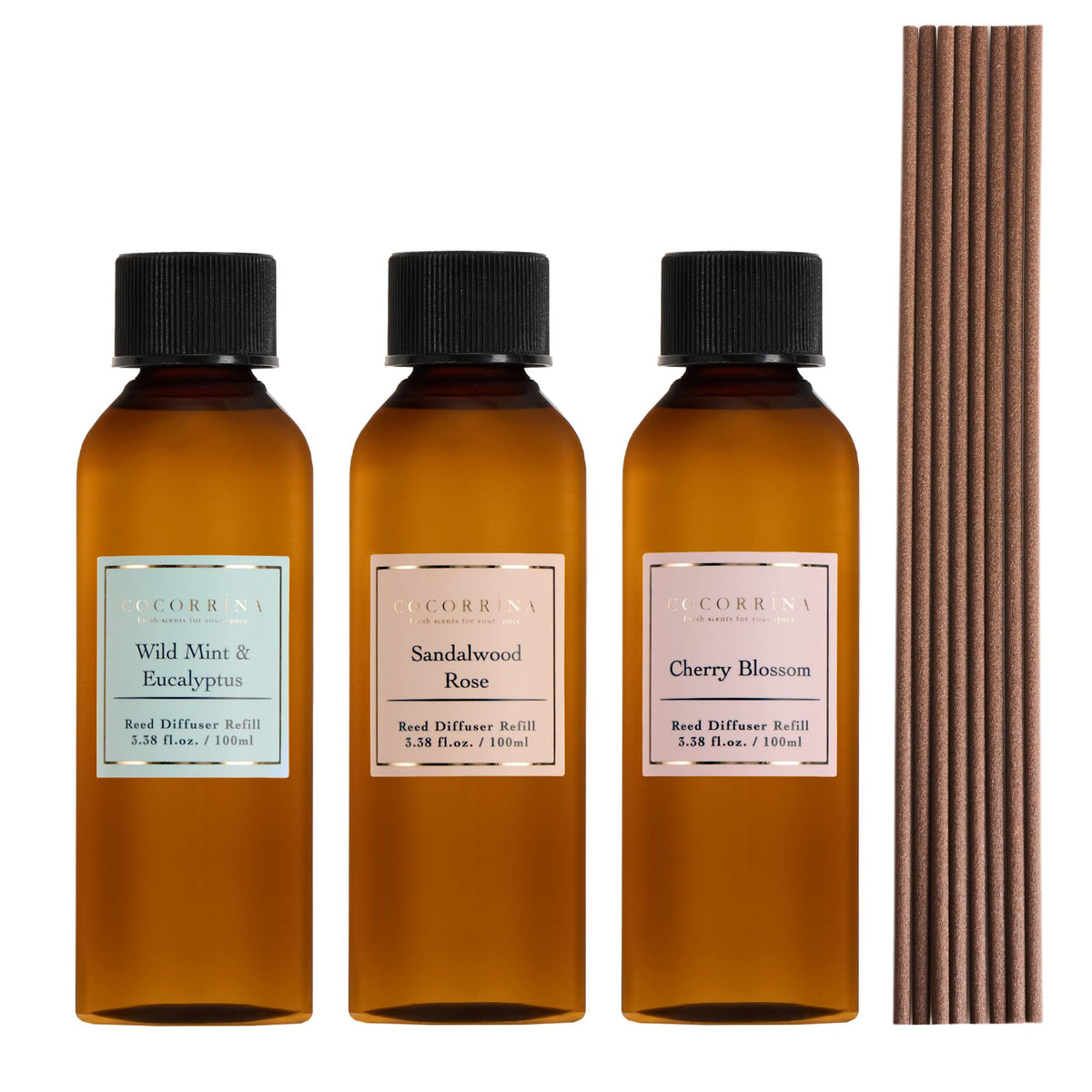 COCORRÍNA sandalwood rose refill bottle delivering a warm, long-lasting aroma.
