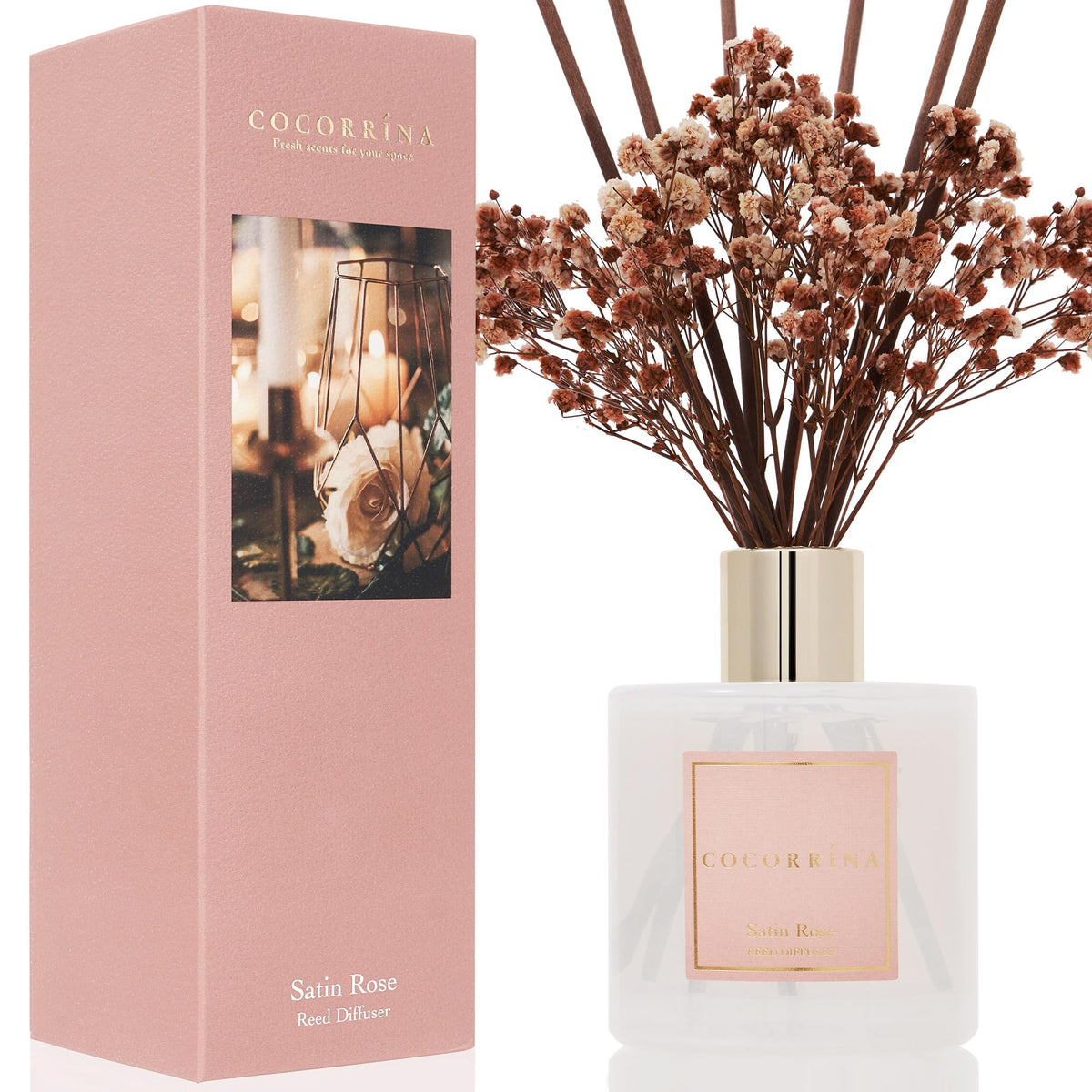 COCORRÍNA Satin Rose diffuser bottle adds elegant scent to bathrooms and lounges