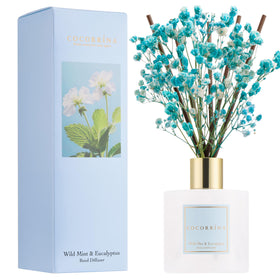 COCORRÍNA Wild Mint Eucalyptus reed diffuser bottle releasing fresh citrus and mint for a bright space.