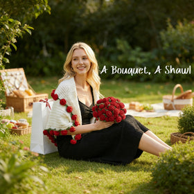 Code Junction hand-knitted soft yarn rose-blossoms for cozy evenings.