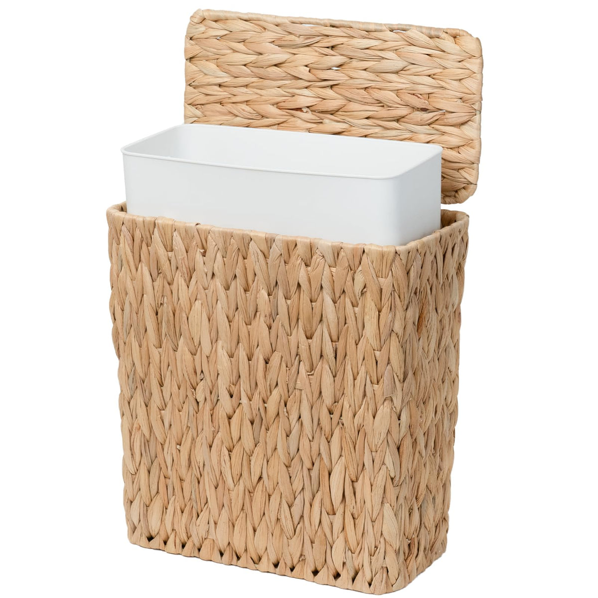 Coeusy 3-gallon wicker trash can with lid in a compact bathroom corner.