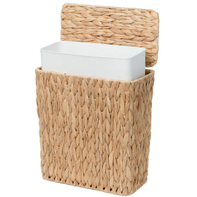 Coeusy 3-gallon wicker trash can with lid in a compact bathroom corner.