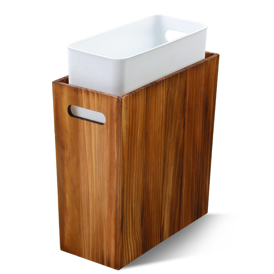Coeusy 3-gallon wooden trash can fits tight corners with clean style.