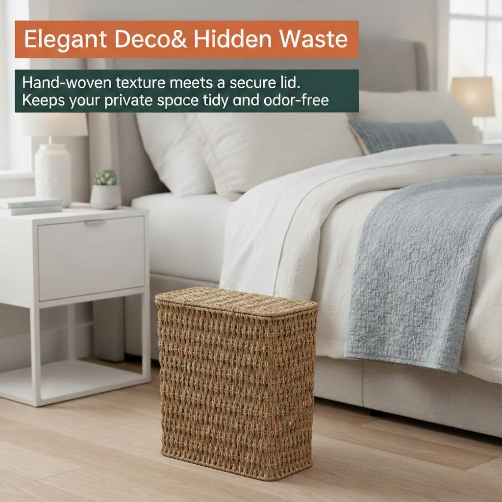 Coeusy wicker bin adds boho charm to a bedroom or office.